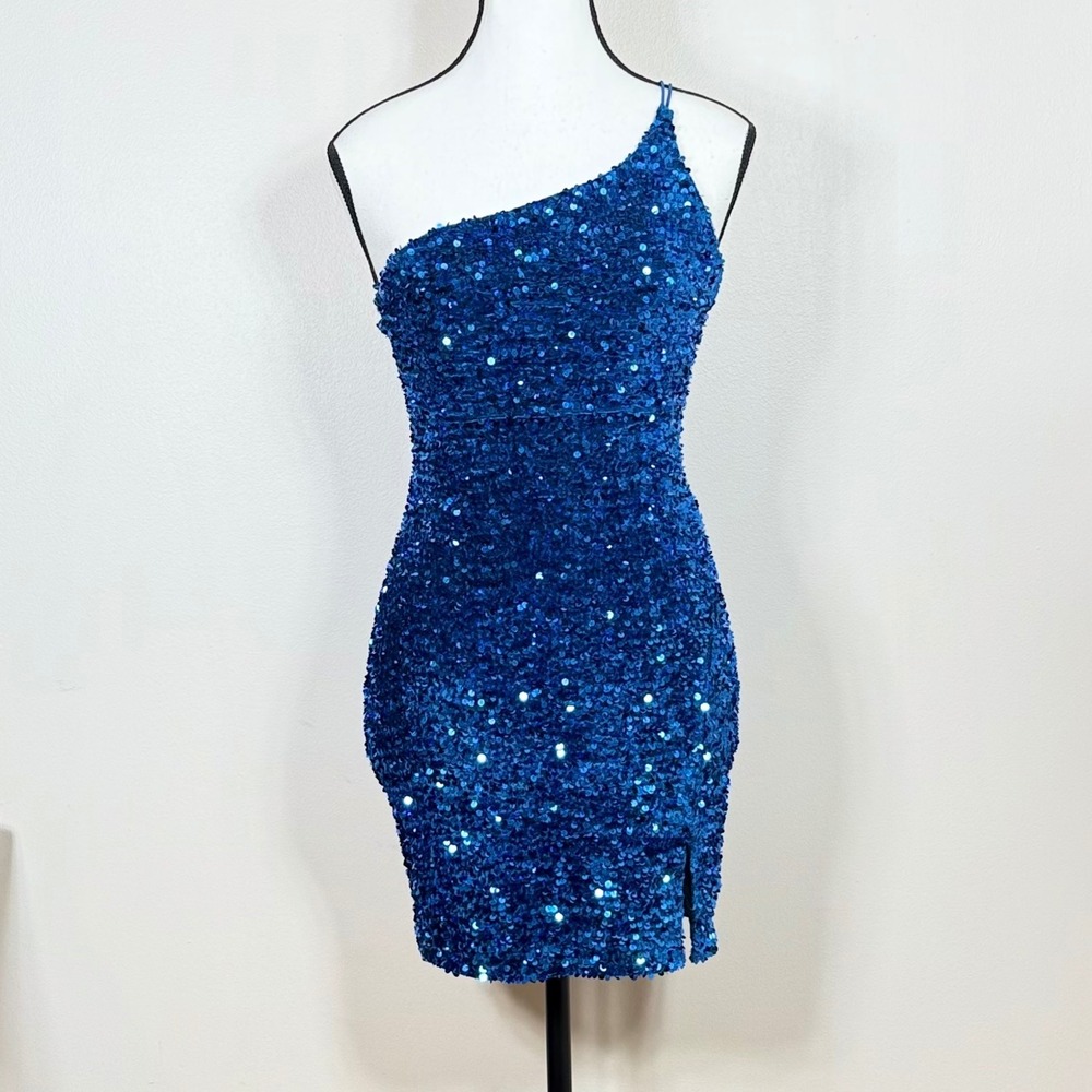 Crystal Sky Women's One Shoulder Sequin Mini Dress XS Blue Sparkly Party